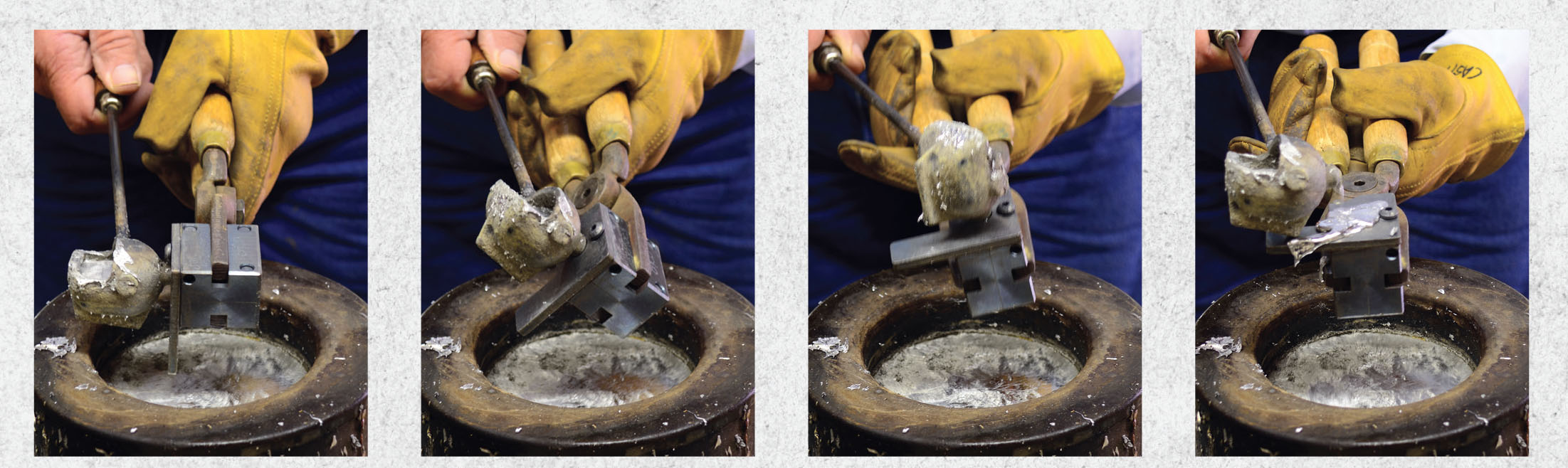 A bullet-casting sequence showing introduction of lead into a mould and proper ladle technique.